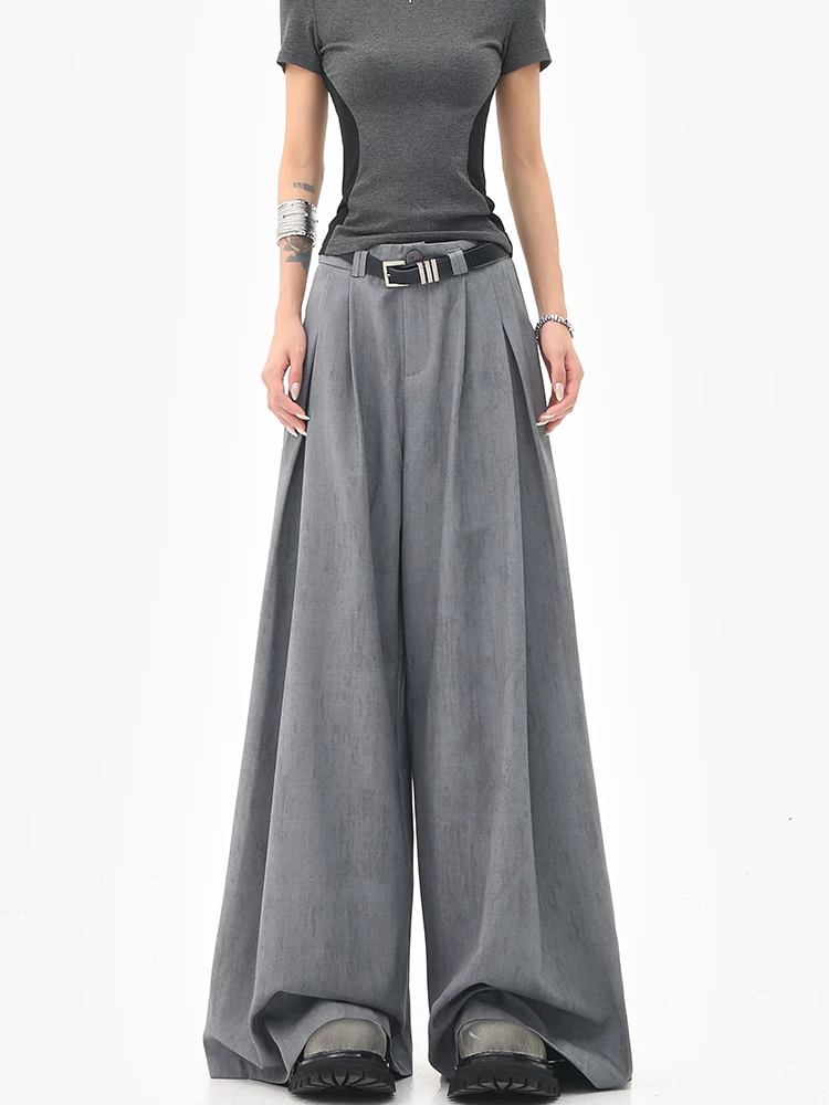 KEN STUDIO mùa hè mới màu xám quần âu ống rộng xếp ly quần âu nữ thẳng dáng rộng quần âu quần âu thường ngày