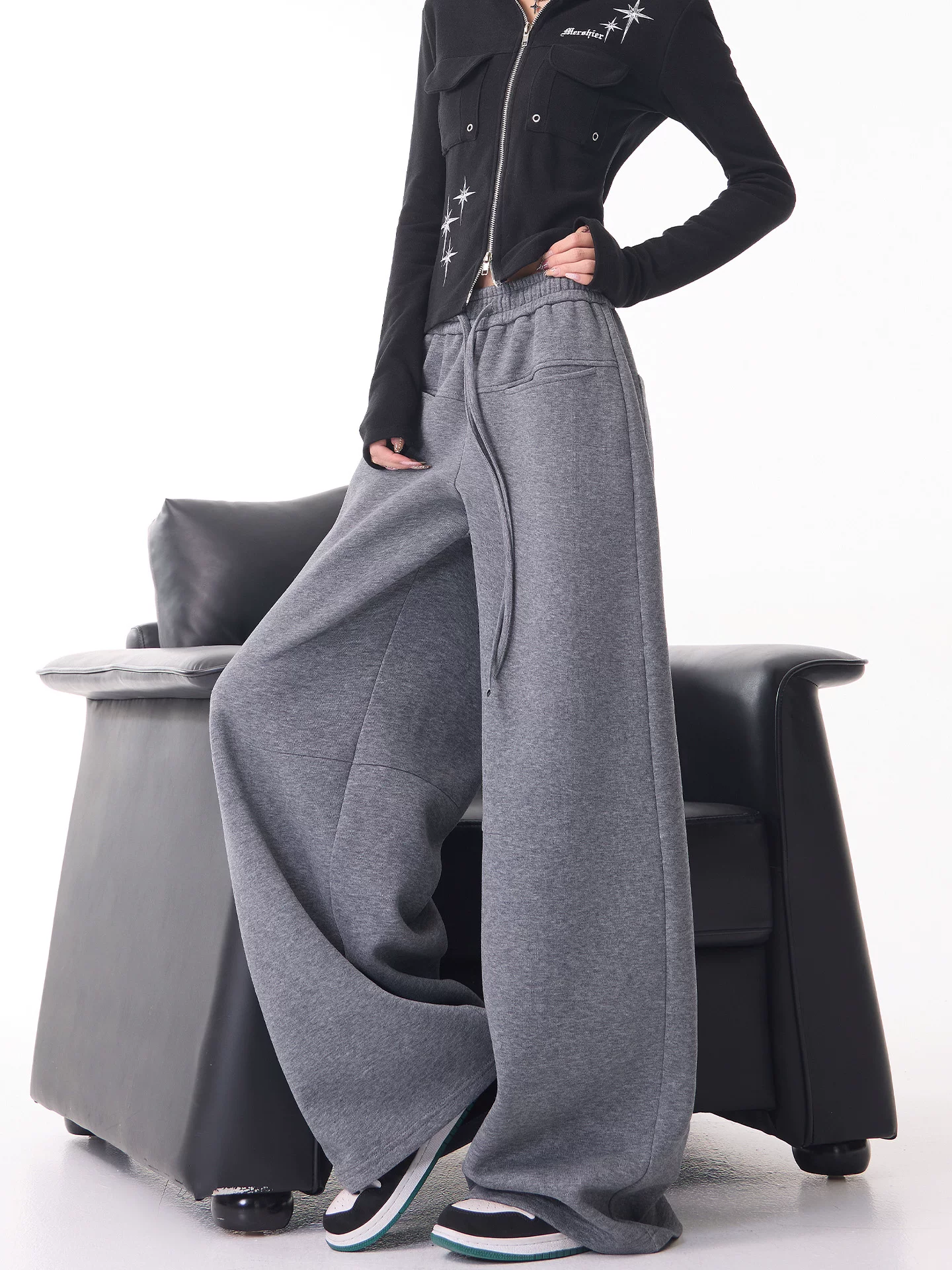 KEN STUDIO quần thể thao ống rộng màu xám dày dặn mới dành cho nữ, quần ống rộng có dây rút lưng cao, quần thường ngày.