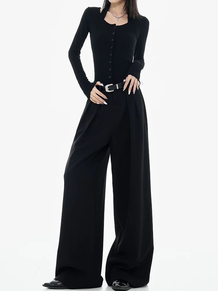 KEN STUDIO Xuân Thu Quần tây ống rộng màu đen mới dành cho nữ, thiết kế cao cấp, xếp nếp, dáng rộng, giảm béo, quần dài ngang sàn