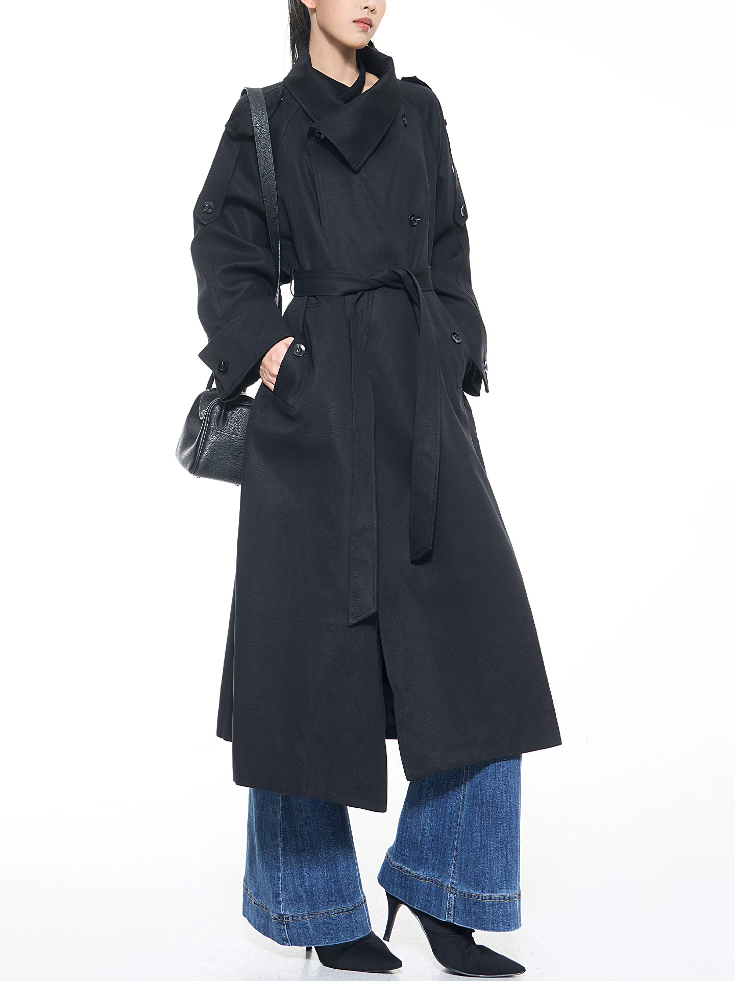 KEN STUDIO mùa thu đông mới phong cách Anh quốc áo khoác dài có ve áo màu đen dành cho nữ áo khoác dáng rộng dài vừa phải