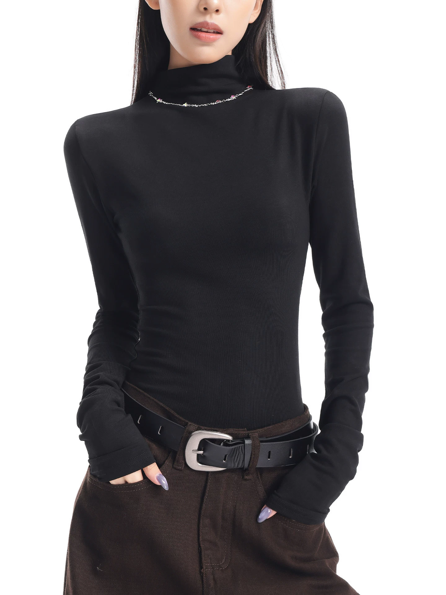 KEN STUDIO Áo thun dệt kim dài tay cổ cao nửa cổ màu đen mới thu đông dành cho nữ áo sơ mi dài tay ôm vừa vặn bên trong