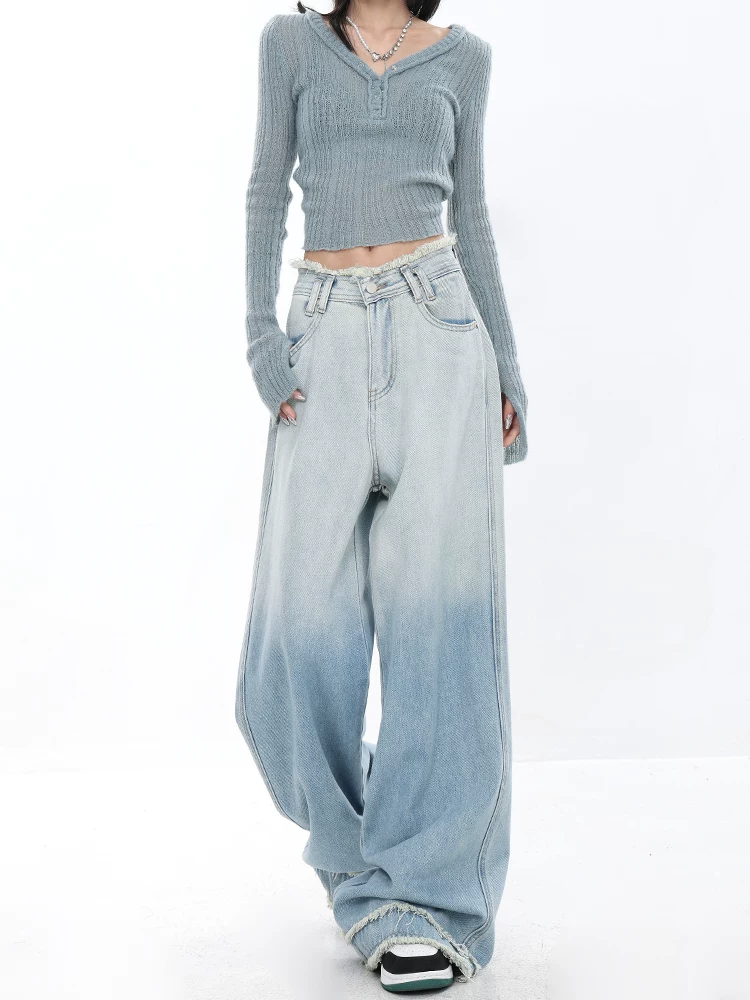 KEN STUDIO thiết kế mới mùa hè quần jean ống rộng thẳng màu gradient dành cho nữ