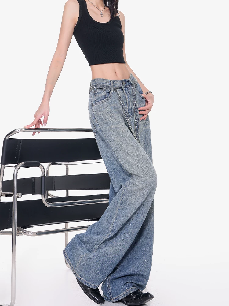 KEN STUDIO Xuân Thu Mới Xanh Dương Đầy Sao Đính Kim Cương Giả Quần Jean Nữ Cao Cấp Rách Rộng Quần Ống Rộng