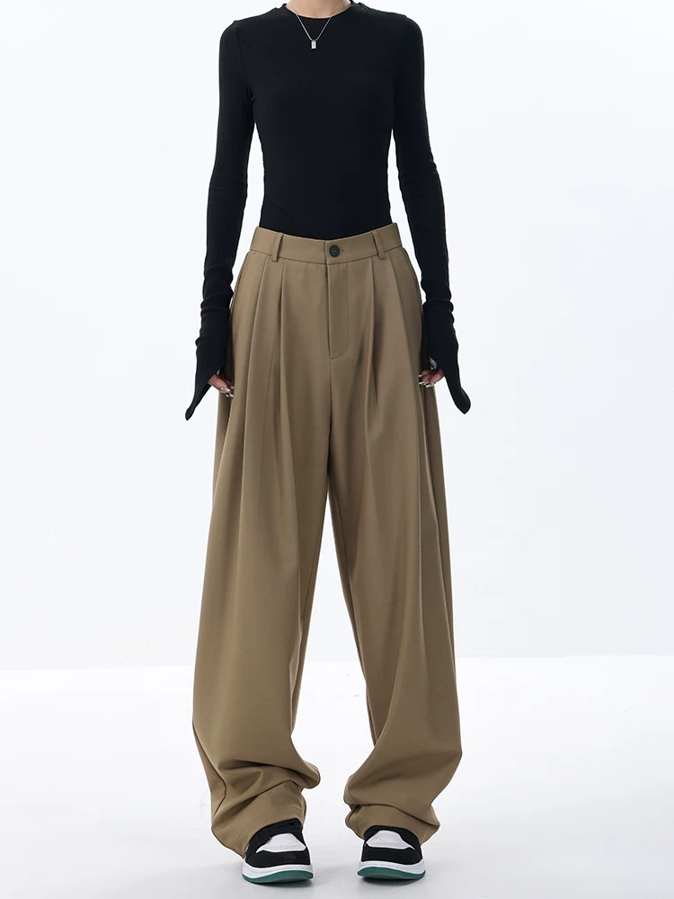 KEN STUDIO quần tây ống rộng màu kaki dành cho nữ mùa xuân thu 2023 mới quần tây ống đứng quần tây quần âu