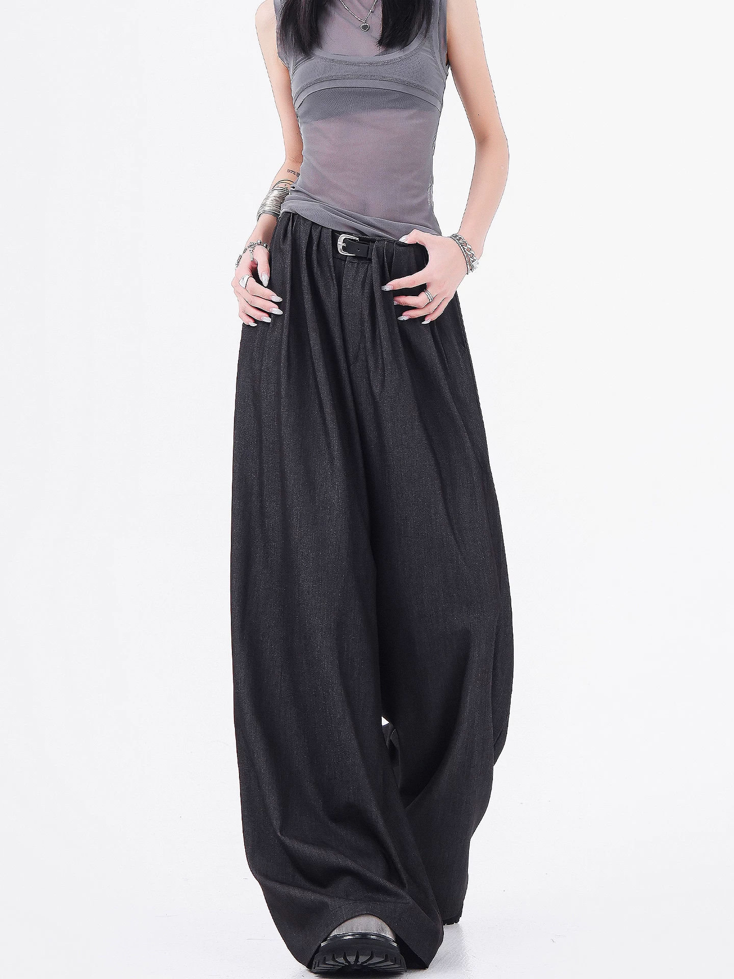 Quần tây ống rộng màu xám cao cấp của KEN STUDIO dành cho nữ, quần tây dáng rộng mỏng mới mùa hè