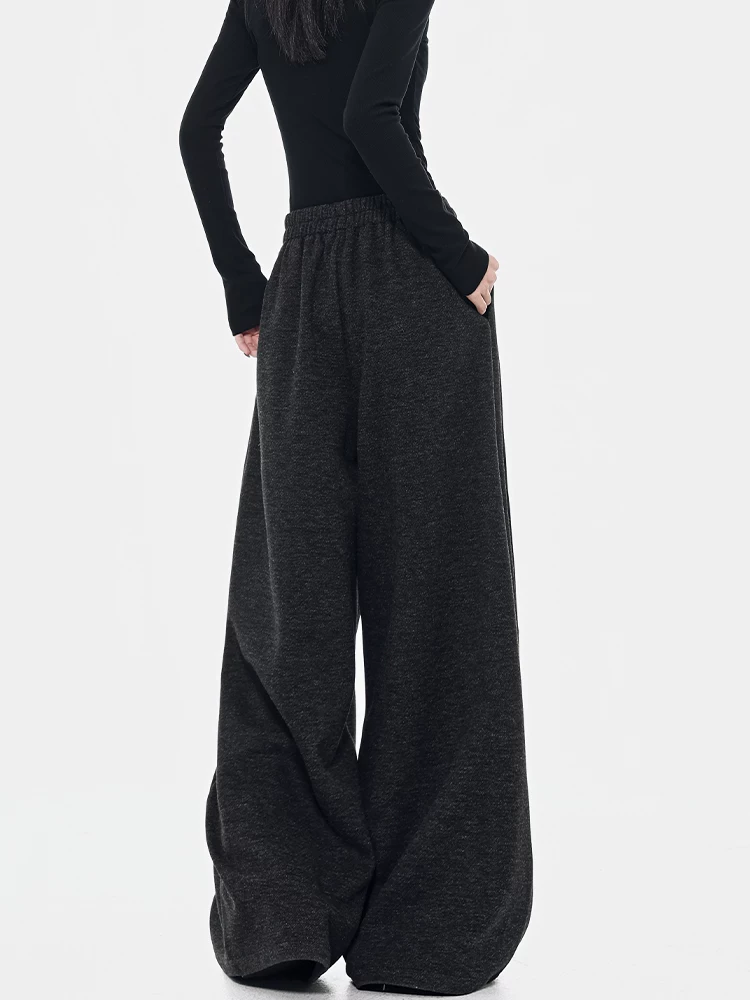 KEN STUDIO quần dài dáng rộng màu xám mùa thu đông mới dành cho nữ với thiết kế lưng cao và quần ống rộng có dây buộc