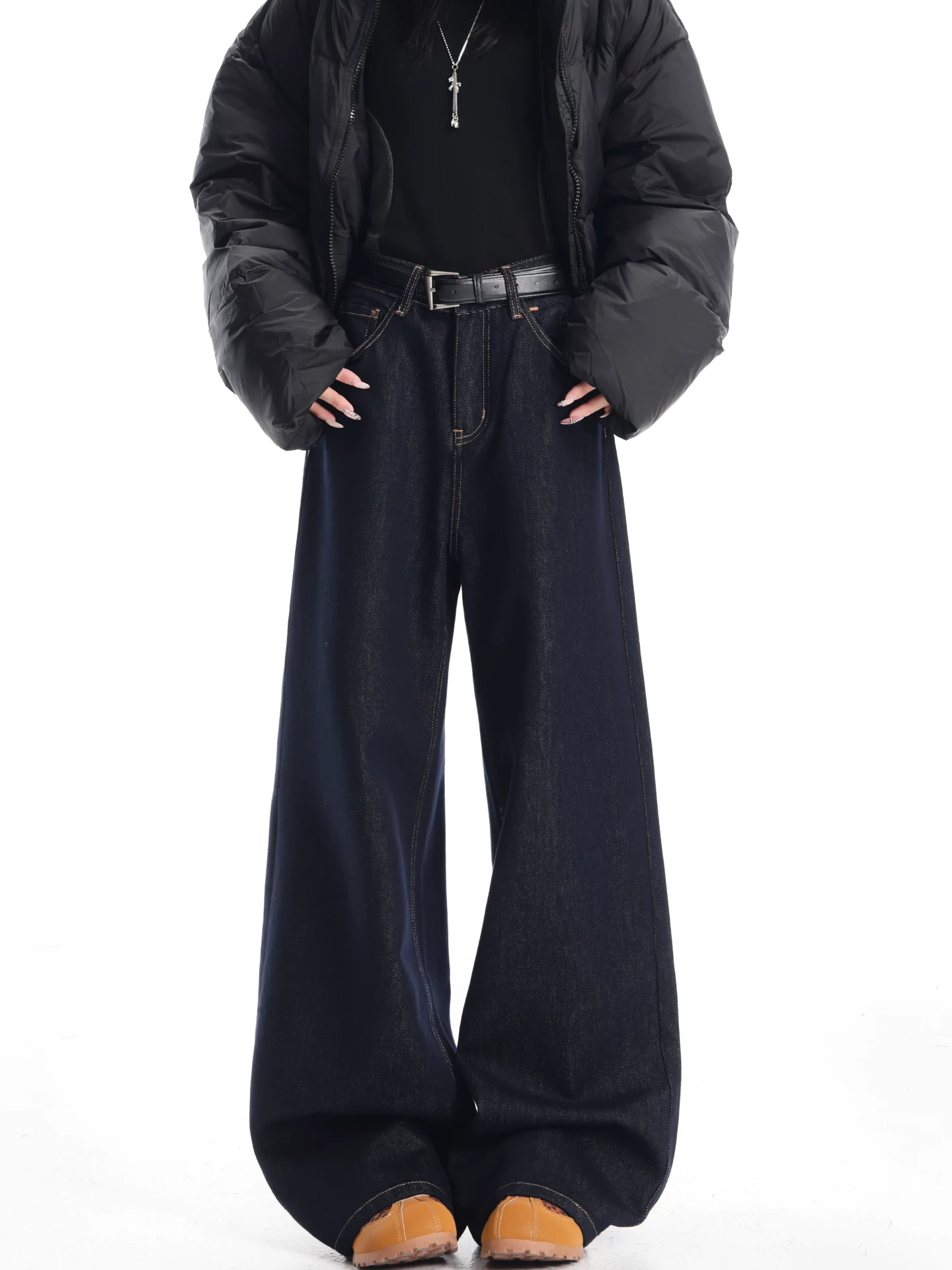 KEN STUDIO quần jean ống rộng màu xanh đậm có lót lông cừu mùa thu đông dành cho nữ quần dài ống rộng lưng cao dáng rộng