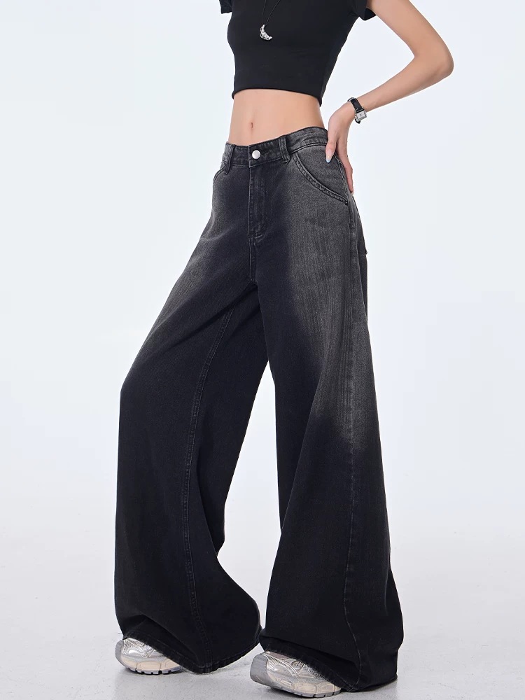 KEN STUDIO Xuân Thu Mới Màu Đen Vintage gradient Quần Jean Nữ Cao Cấp Ống Rộng Quần Ống Thẳng Dài Đến Sàn