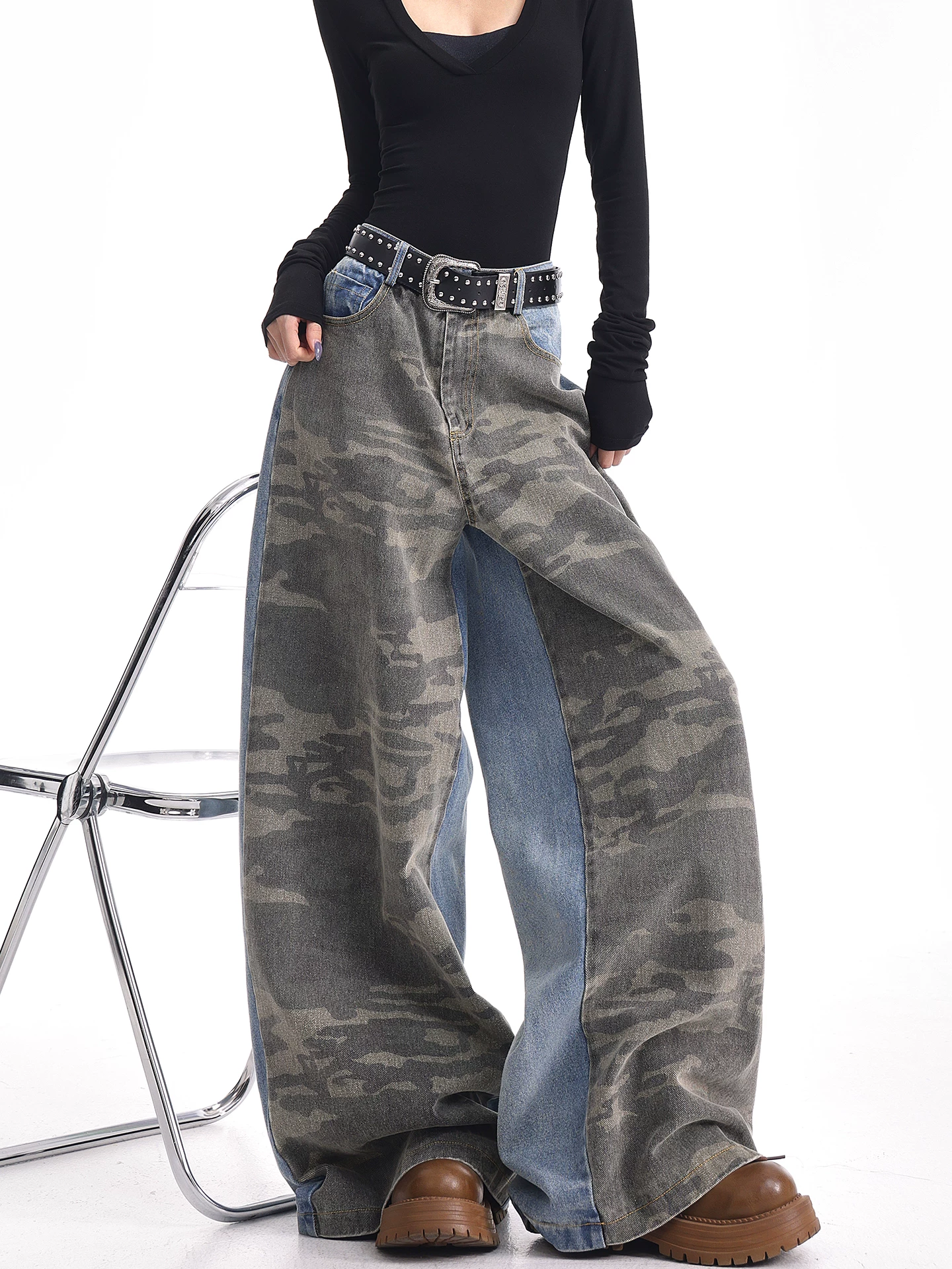 KEN STUDIO mùa thu đông mới quần jean phối màu rằn ri phối màu kiểu Mỹ quần ống rộng dài đến sàn kiểu Mỹ