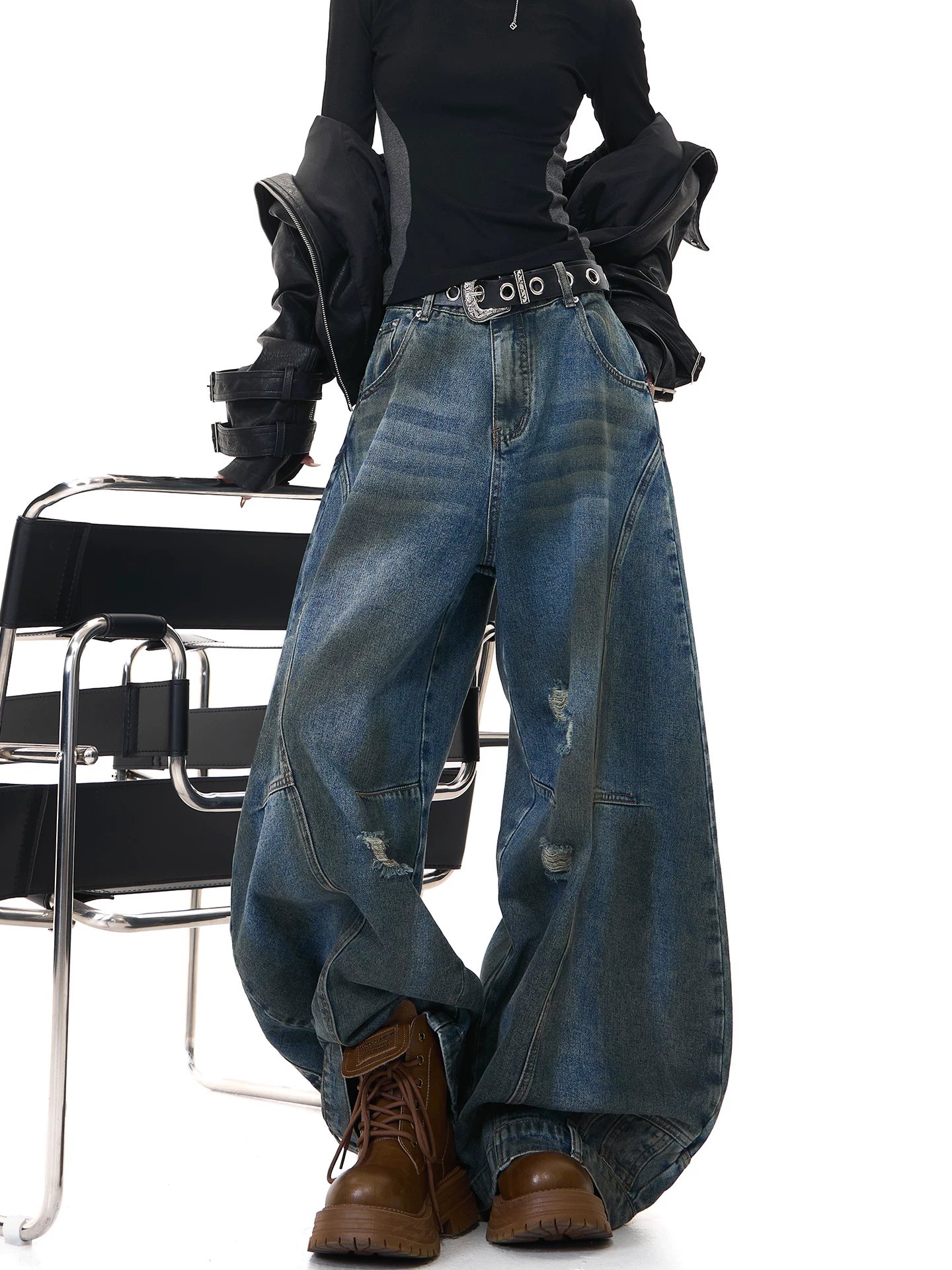 KEN STUDIO Quần jean kiểu cổ điển Mỹ kiểu cổ điển dành cho nữ, cạp cao, dáng rộng, ống rộng, quần bẩn, quần dài đến sàn