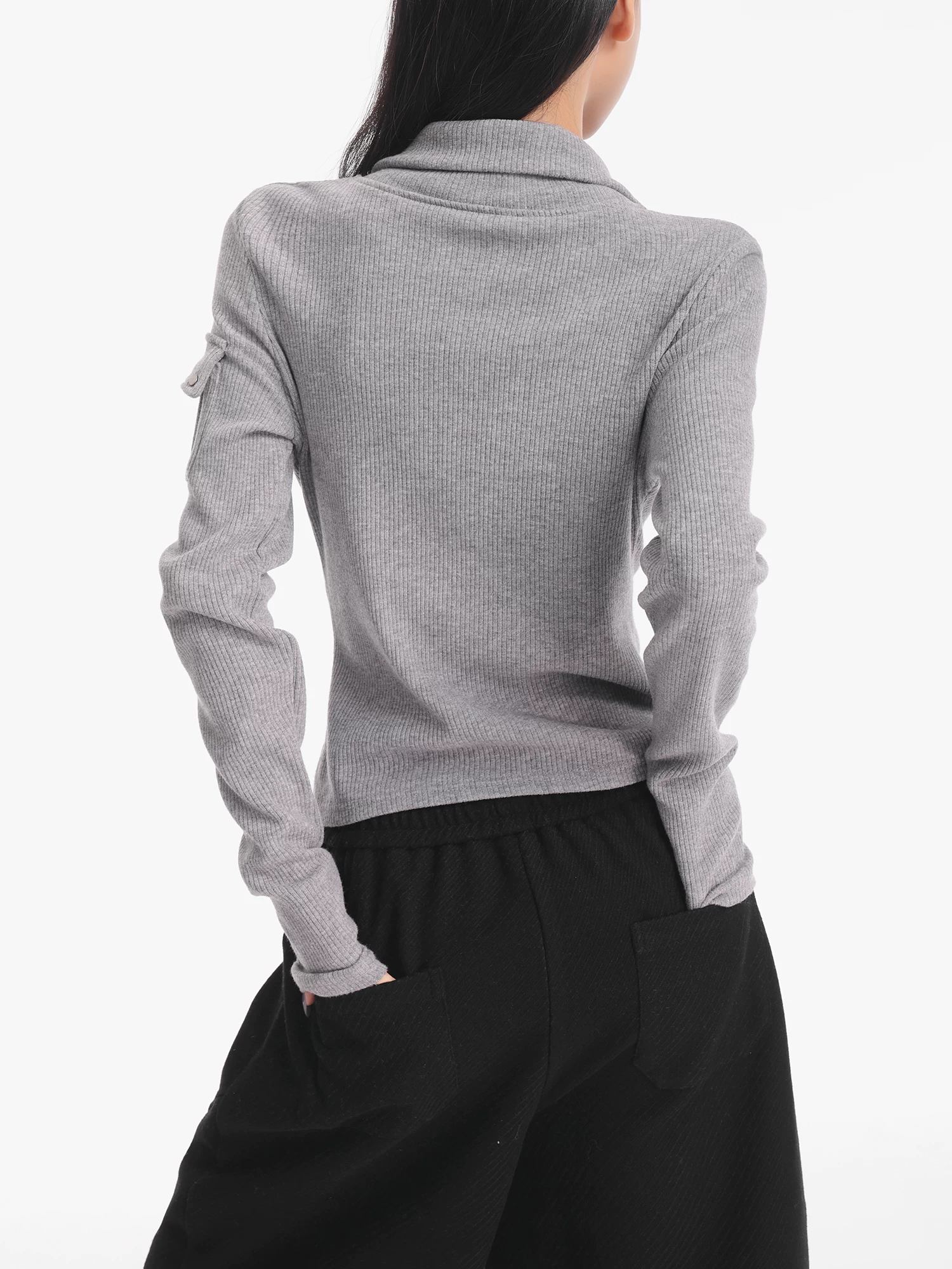 KEN STUDIO Áo khoác dệt kim màu xám mới mùa thu đông dành cho nữ có khóa kéo đôi ve áo cardigan dáng ôm dài tay