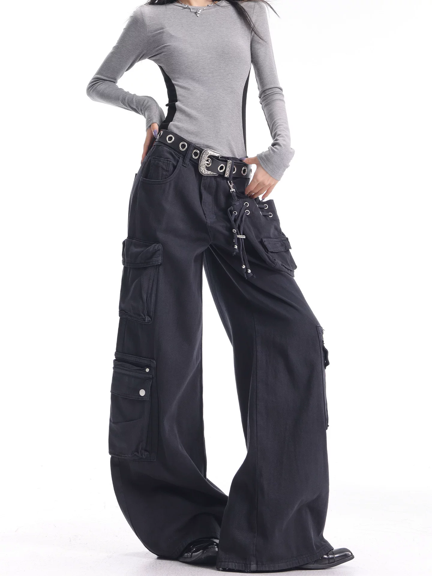 KEN STUDIO Xuân Thu Quần Cargo Đường Phố Cao Cấp Màu Xanh Hải Quân Mới Quần Cargo Nữ Nhiều Túi Quần Ống Rộng Quần Ống Rộng