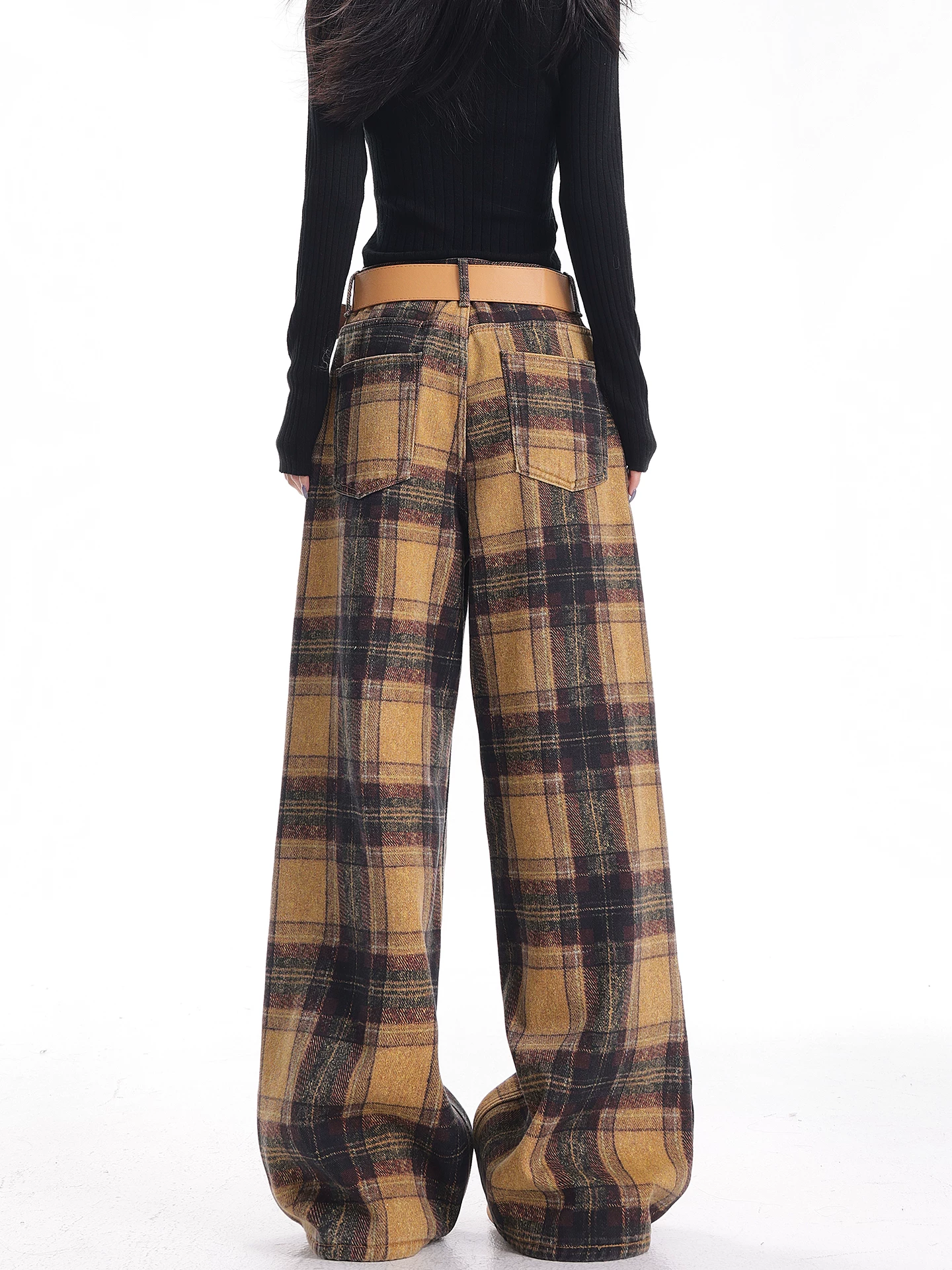 KEN STUDIO quần jean kẻ sọc lót lông màu vàng mới mùa thu đông dành cho nữ, quần ống rộng đa năng theo phong cách retro Mỹ