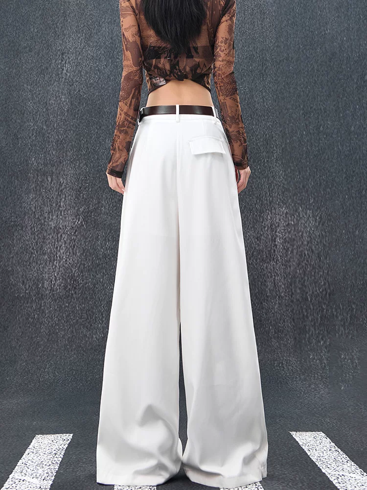 KEN STUDIO thiết kế mới mùa hè và mùa thu quần âu ống rộng màu trắng dành cho nữ, quần cạp cao, thon gọn, mềm mại, quần dài đến sàn