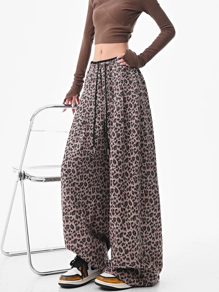 KEN STUDIO Quần thường ngày in họa tiết da báo kiểu Mỹ dành cho nữ, quần ống rộng dáng thẳng cạp cao mới mùa thu đông