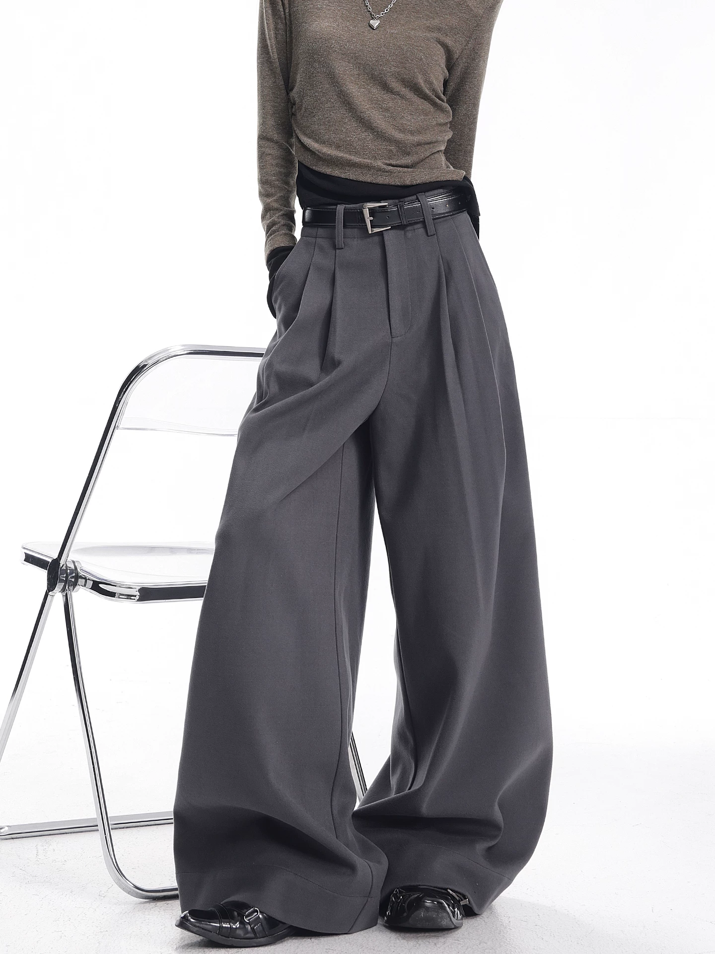 KEN STUDIO Quần tây ống rộng màu xám thu đông mới dành cho nữ, chất liệu len dày, quần dài dáng rộng cao cấp