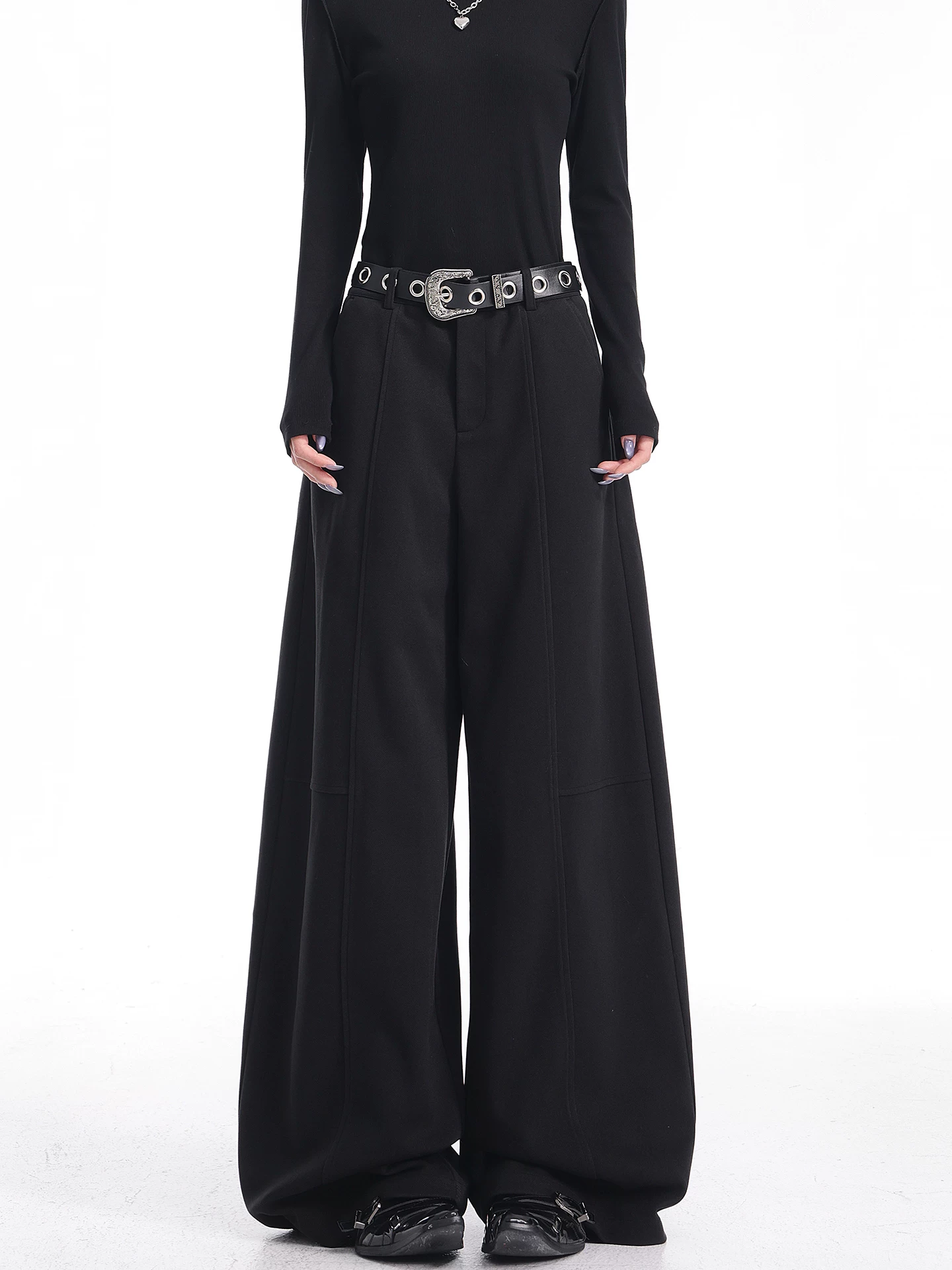 KEN STUDIO Quần tây ống rộng len đen thu đông mới dành cho nữ, dáng rộng, thon gọn, quần dài dày dặn