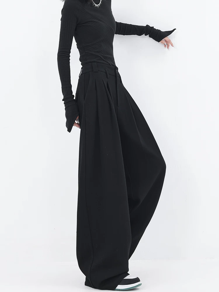 KEN STUDIO2025 Xuân Thu Mới Quần Âu Màu Đen Nữ Xếp Ly Thiết Kế Rộng Quần Ống Rộng Quần Dài