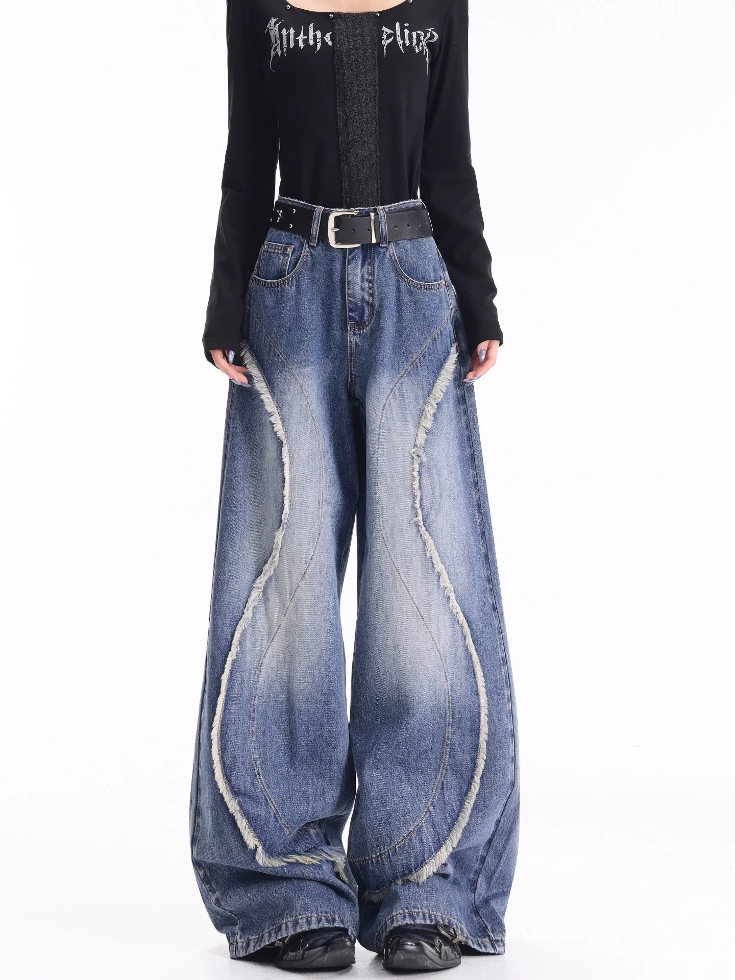 KEN STUDIO quần jean chắp vá viền tua rua cổ điển mới mùa thu đông dành cho nữ, quần cạp cao, dáng rộng, dáng suông, quần ống rộng, dài đến sàn