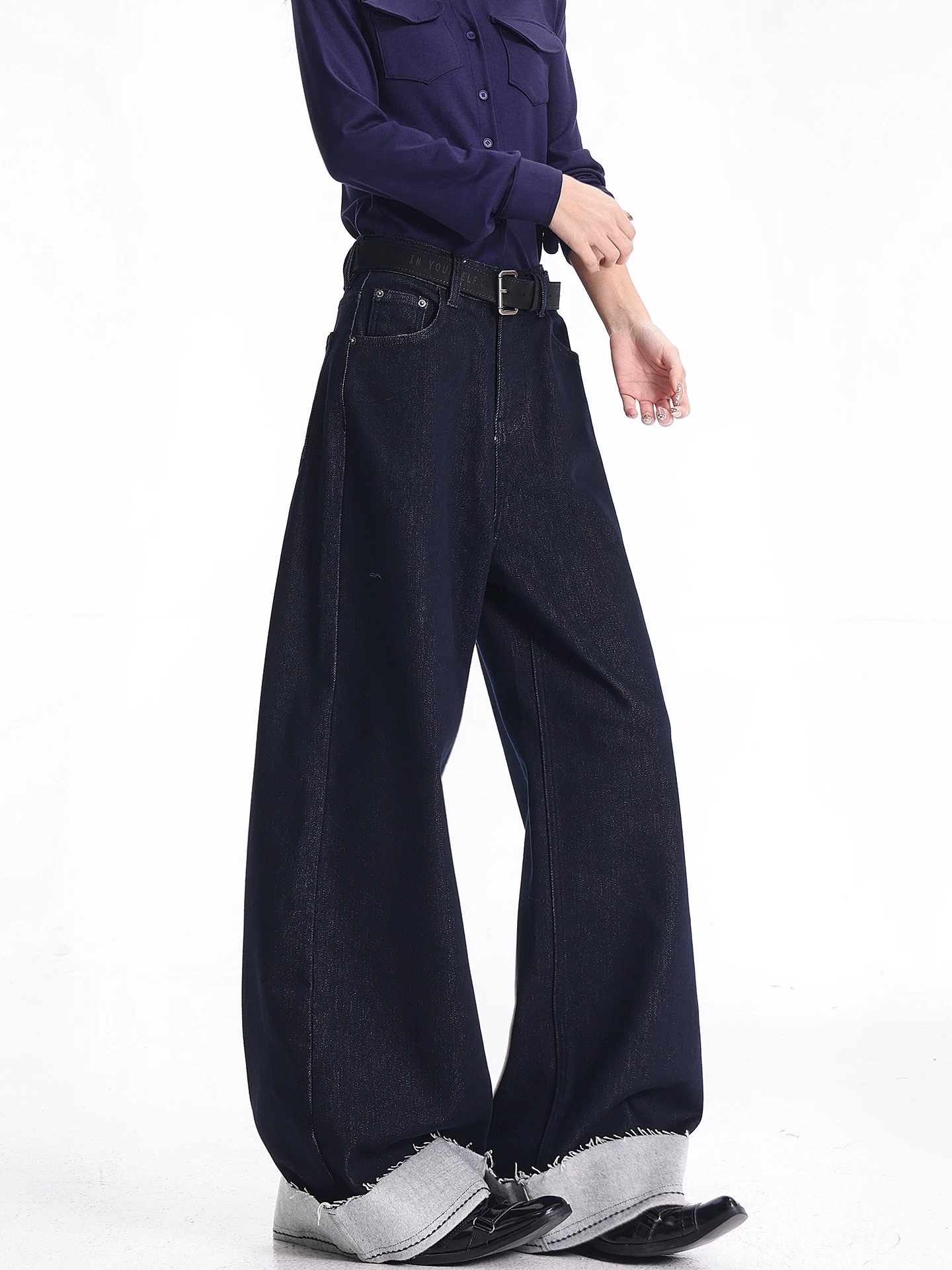 KEN STUDIO quần jean cổ điển có lót lông cừu phong cách mới mùa thu đông dành cho nữ, quần ống rộng lưng cao dáng thẳng