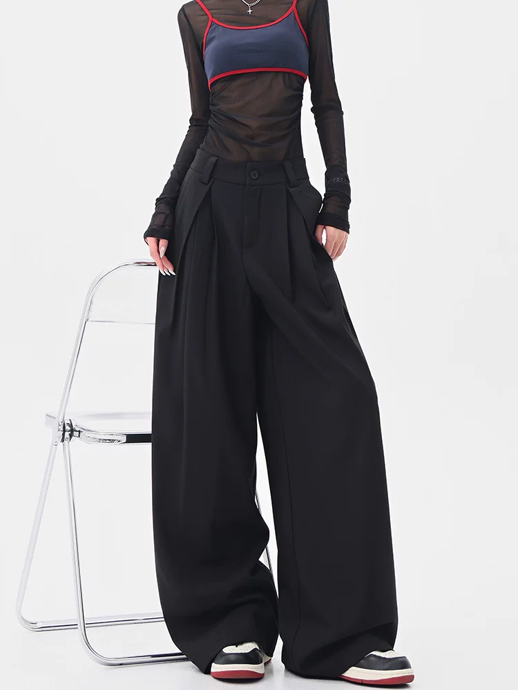 KEN STUDIO mùa hè mới quần âu xếp ly ba chiều màu đen dành cho nữ, quần ống rộng dáng rộng cạp cao thẳng