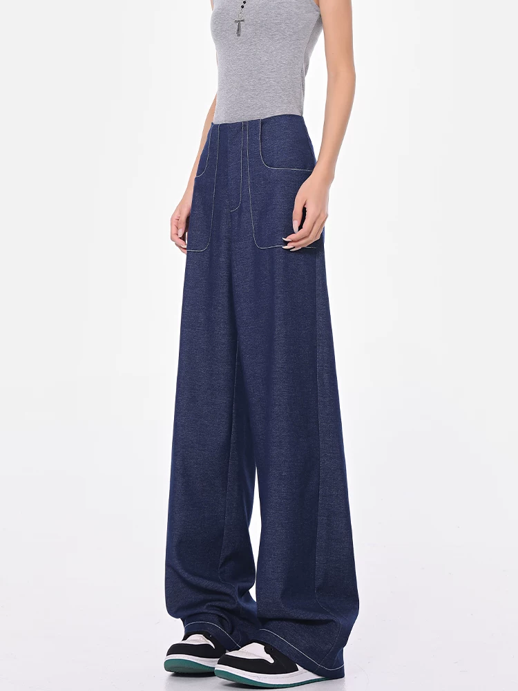 KEN STUDIO Quần tây ống rộng màu xanh mới mùa xuân thu dành cho nữ với thiết kế đường may lộ, cạp cao, dáng suôn, quần ống rộng giúp thon gọn