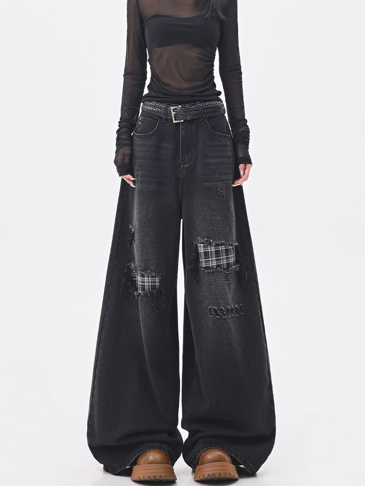 KEN STUDIO Quần jean chắp vá kiểu cổ điển Mỹ dành cho nữ, quần ống rộng dáng rộng mới mùa xuân thu.