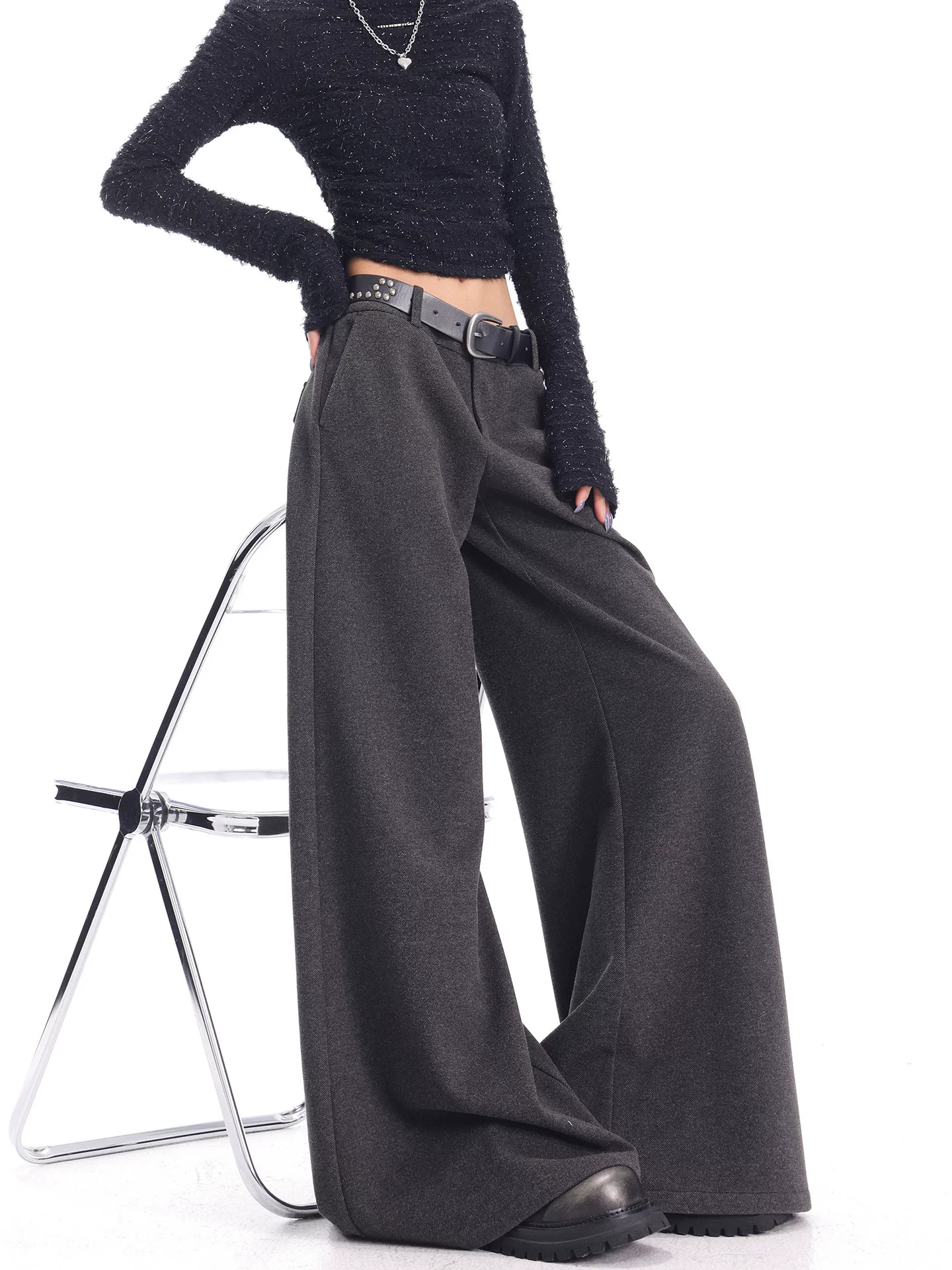 KEN STUDIO Quần âu ống loe màu xám thu đông mới dành cho nữ, chất liệu len dày, quần ống rộng, quần dài đến sàn