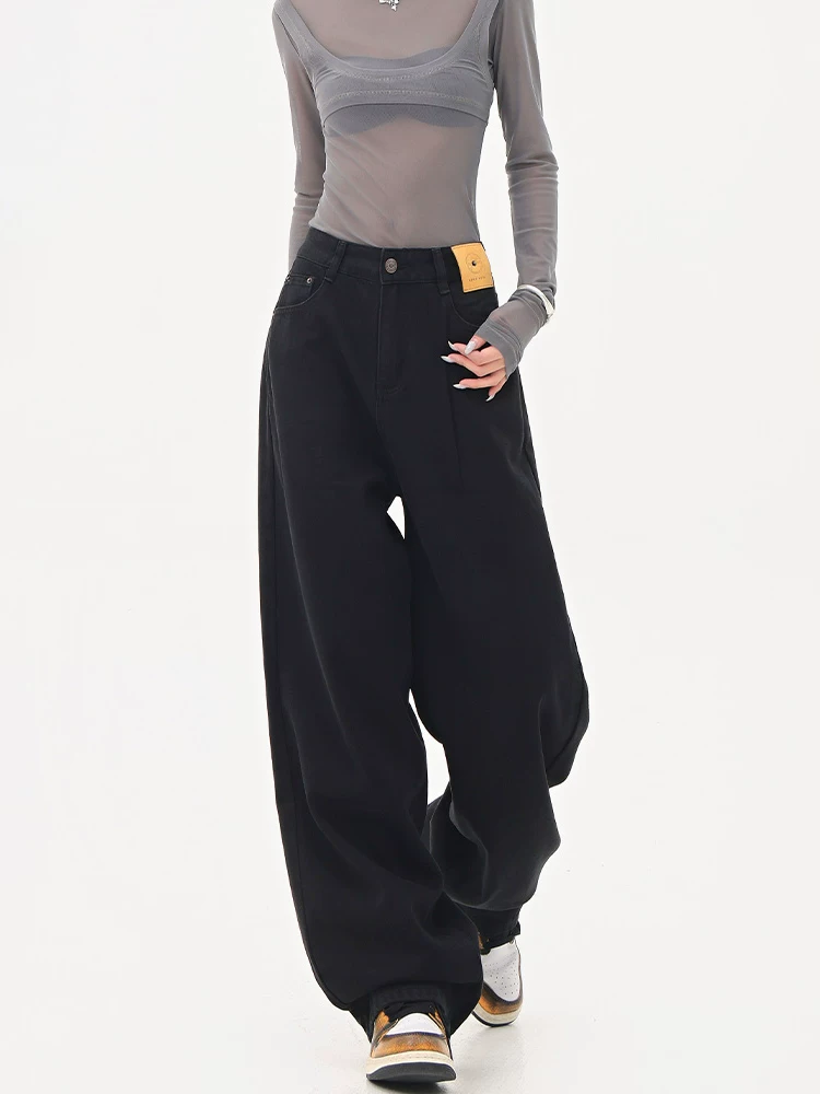KEN STUDIO Quần jean ống đứng màu đen phong cách Mỹ dành cho nữ, quần ống rộng dáng rộng mới mùa thu đông.