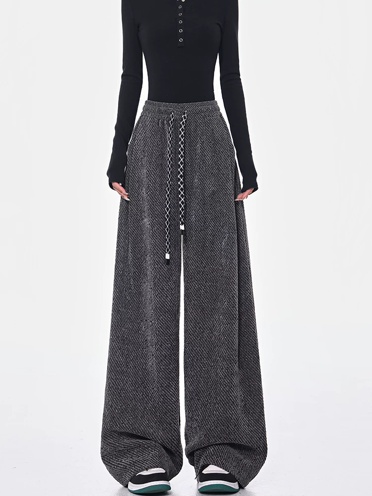 KEN STUDIO quần dài có dây rút lót lông cừu mùa thu đông màu xám bầu trời đầy sao dành cho nữ, quần ống rộng dáng rộng giảm béo