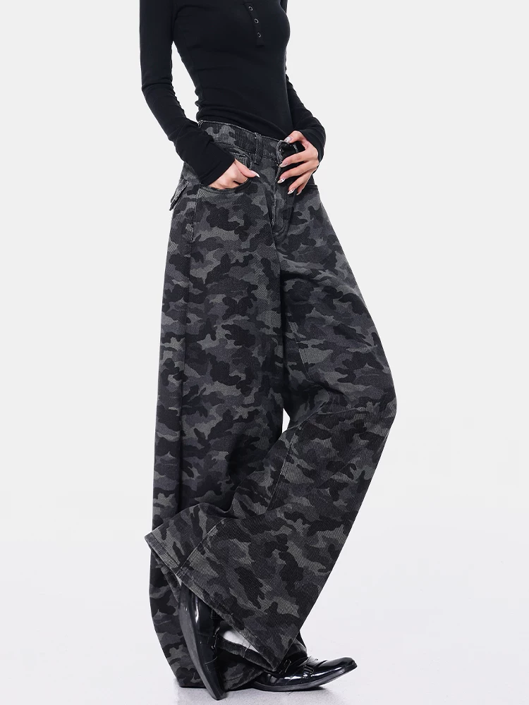 KEN STUDIO quần jean ngụy trang đường phố cao cấp mới của Mỹ dành cho nữ, quần ống thẳng, lưng cao, dáng rộng, dáng suông, quần dài đến sàn