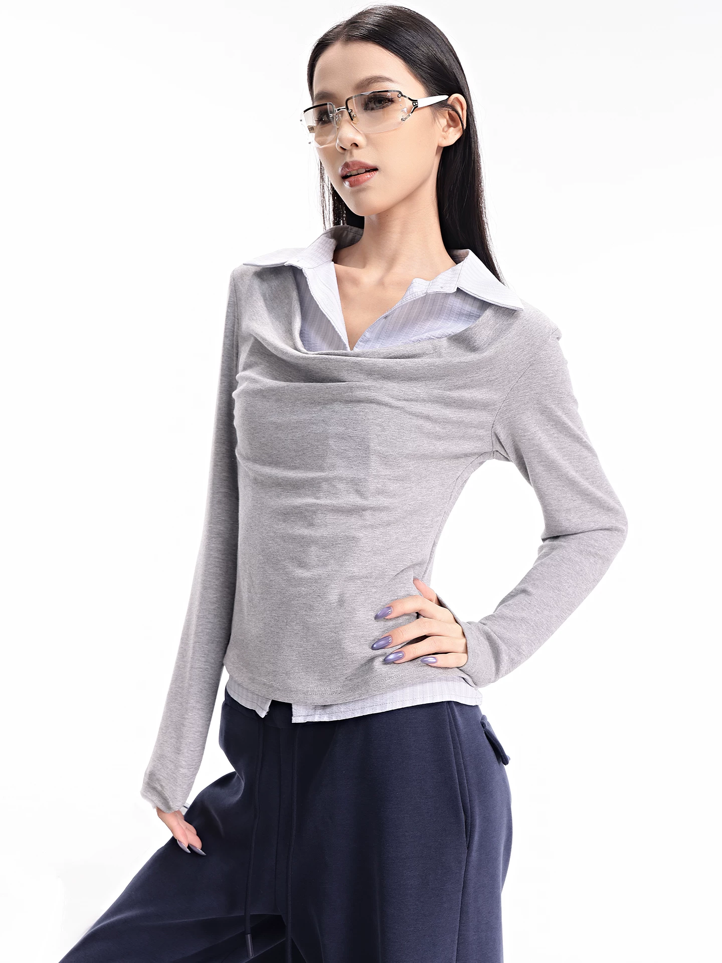 KEN STDUIO Áo sơ mi dài tay giả hai mảnh cổ tròn mùa thu Áo thun nữ nhiều lớp phong cách Hàn Quốc Giảm béo đa năng hàng đầu