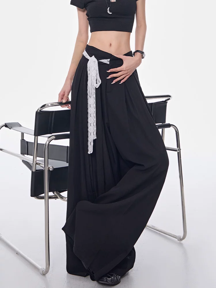 KEN STUDIO quần dài buộc dây chéo màu đen mới mùa xuân hè dành cho nữ, quần ống rộng lưng cao dáng rộng dài đến sàn