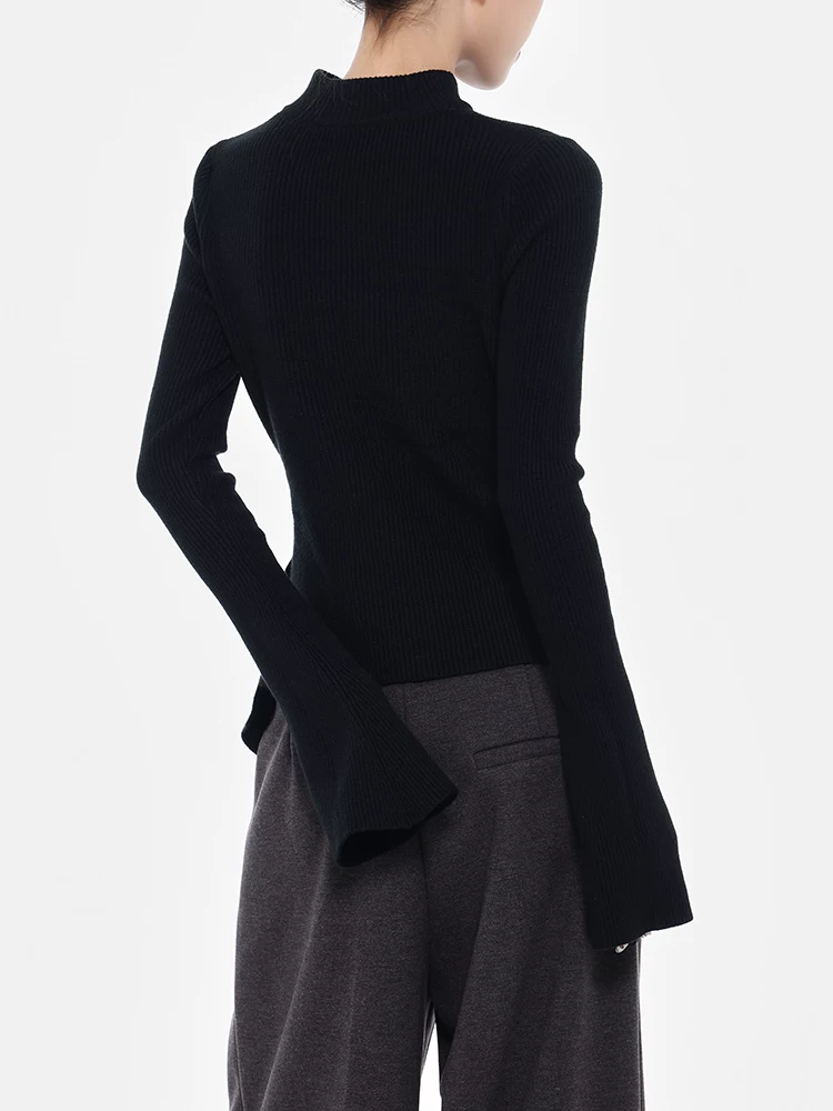 KEN STUDIO Áo dệt kim dáng ôm cổ cao nửa cổ màu đen mới thu đông dành cho nữ với thiết kế bất đối xứng