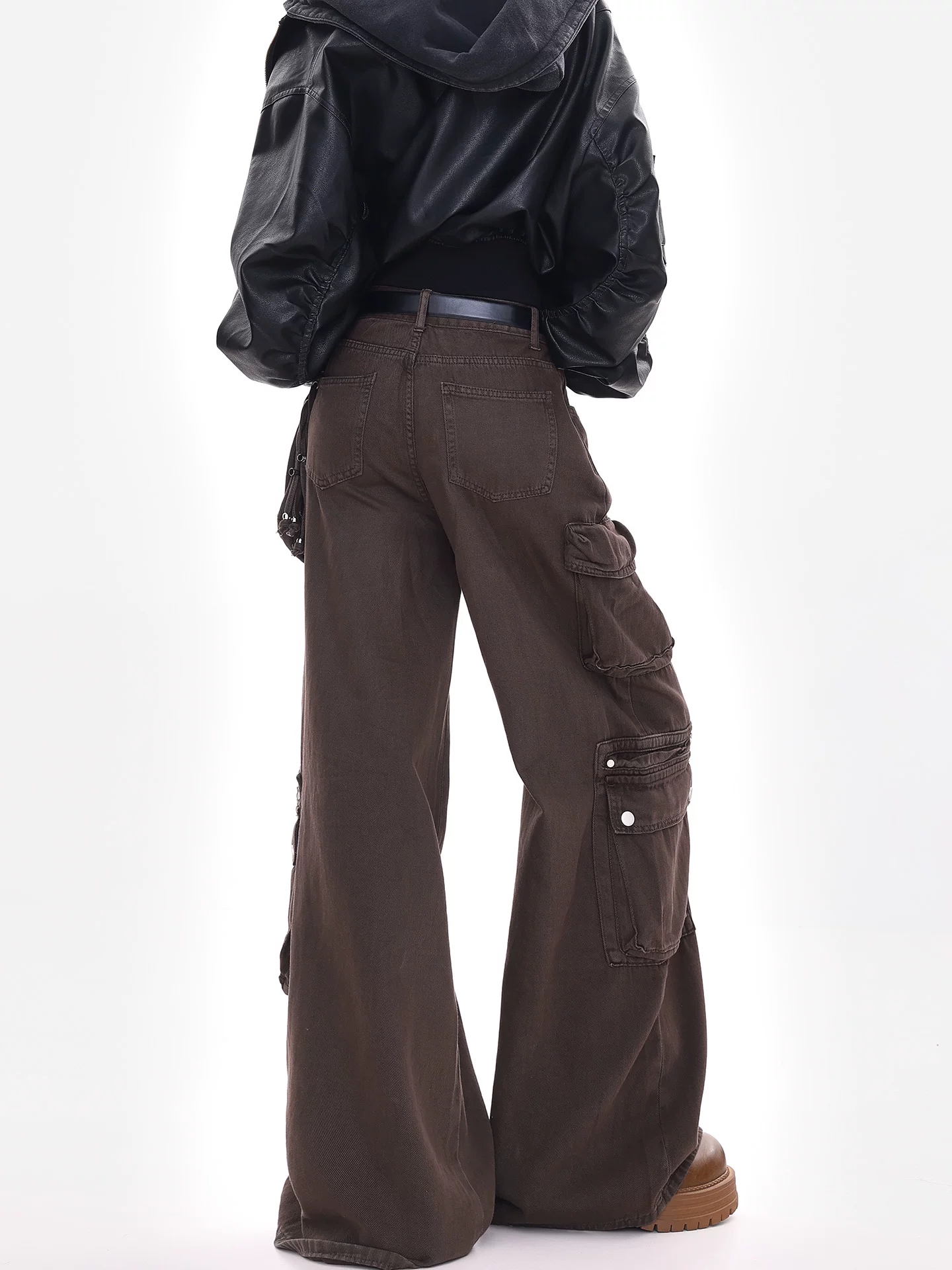 KEN STUDIO quần cargo màu cà phê mới đầu thu dành cho nữ, quần ống rộng thiết kế cổ điển kiểu Mỹ.