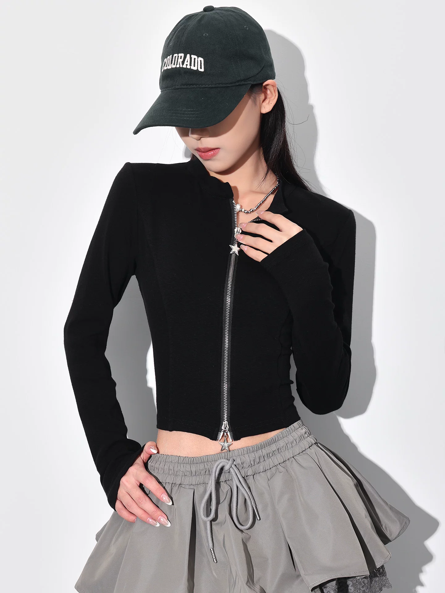 KEN STUDIO Áo thun dài tay cổ tròn có khóa kéo đôi mùa thu mới dành cho nữ, áo cardigan thiết kế dáng ôm vừa vặn thông thường