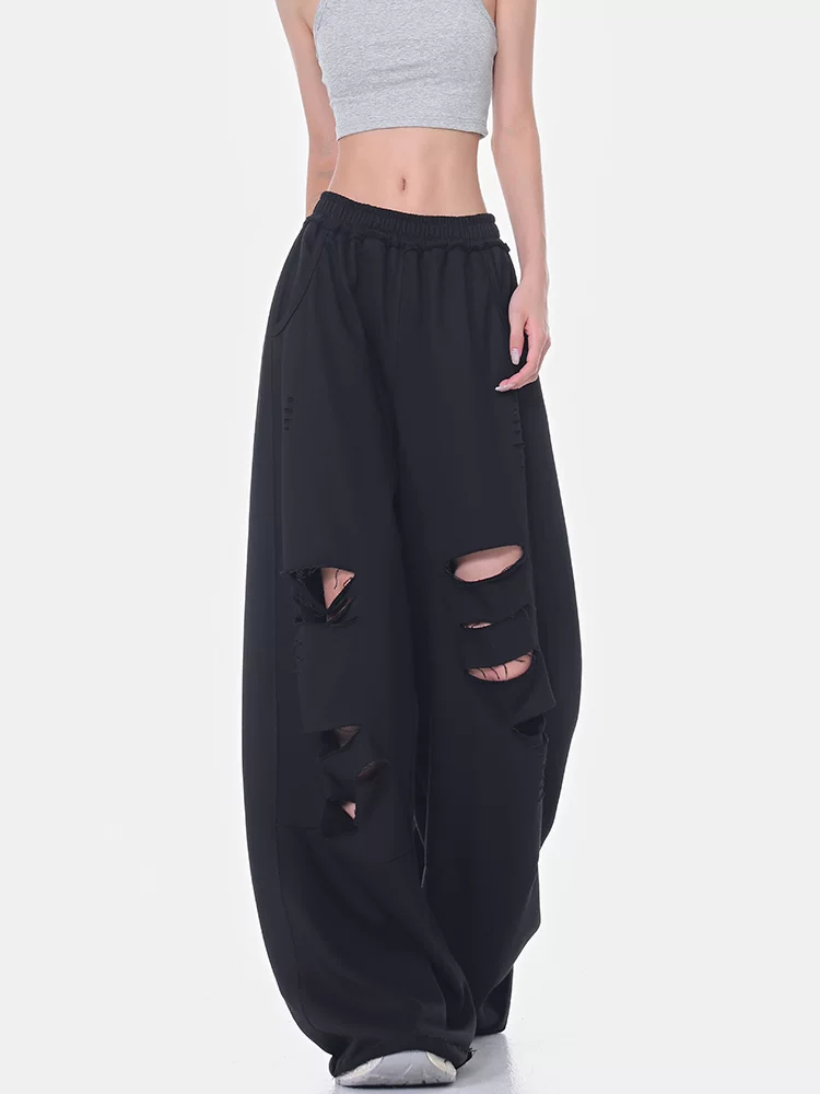 KEN STUDIO mùa hè mới quần thể thao xẻ tà màu đen quần thể thao thường ngày quần ống rộng lưng cao dành cho nữ