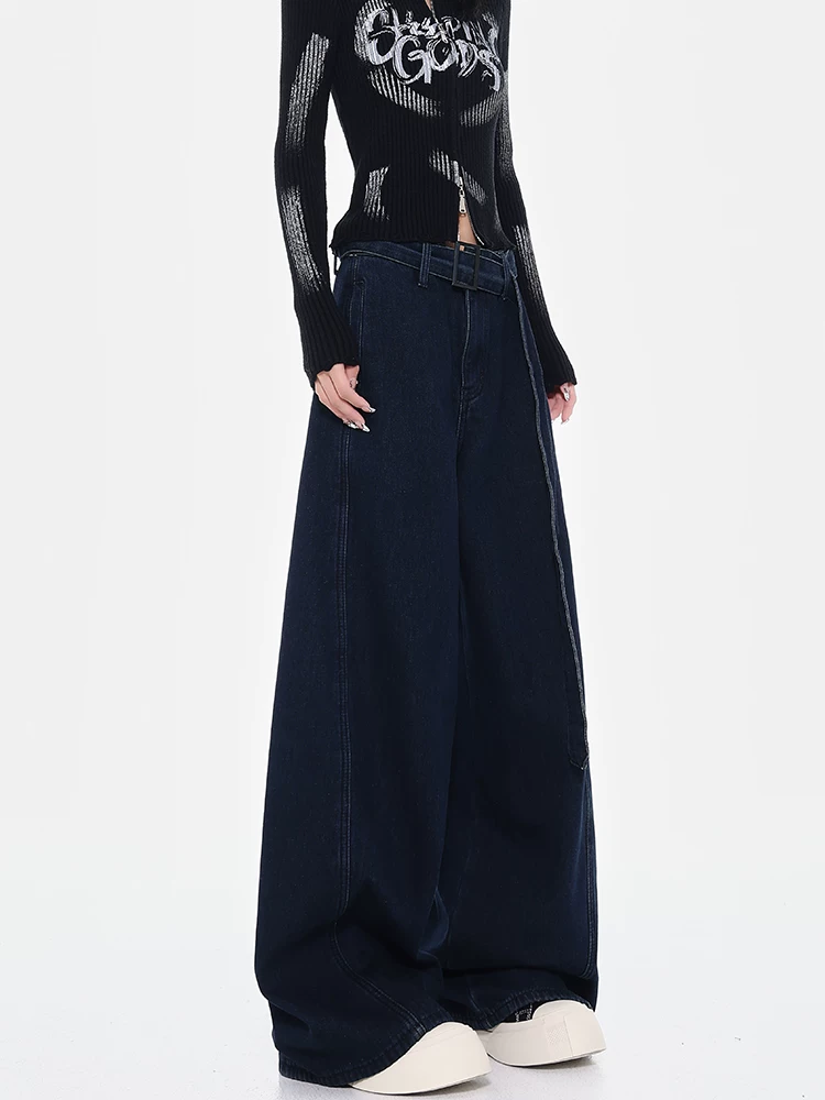 KEN STUDIO Quần jean ống rộng lưng cao mới mùa xuân thu dành cho nữ, thiết kế màu xanh cổ điển có thắt lưng và quần dài đến sàn