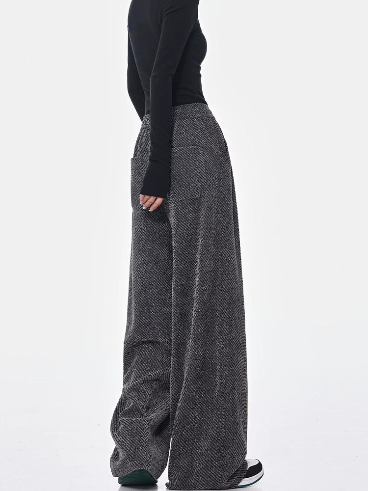 KEN STUDIO quần dài có dây rút lót lông cừu mùa thu đông màu xám bầu trời đầy sao dành cho nữ, quần ống rộng dáng rộng giảm béo