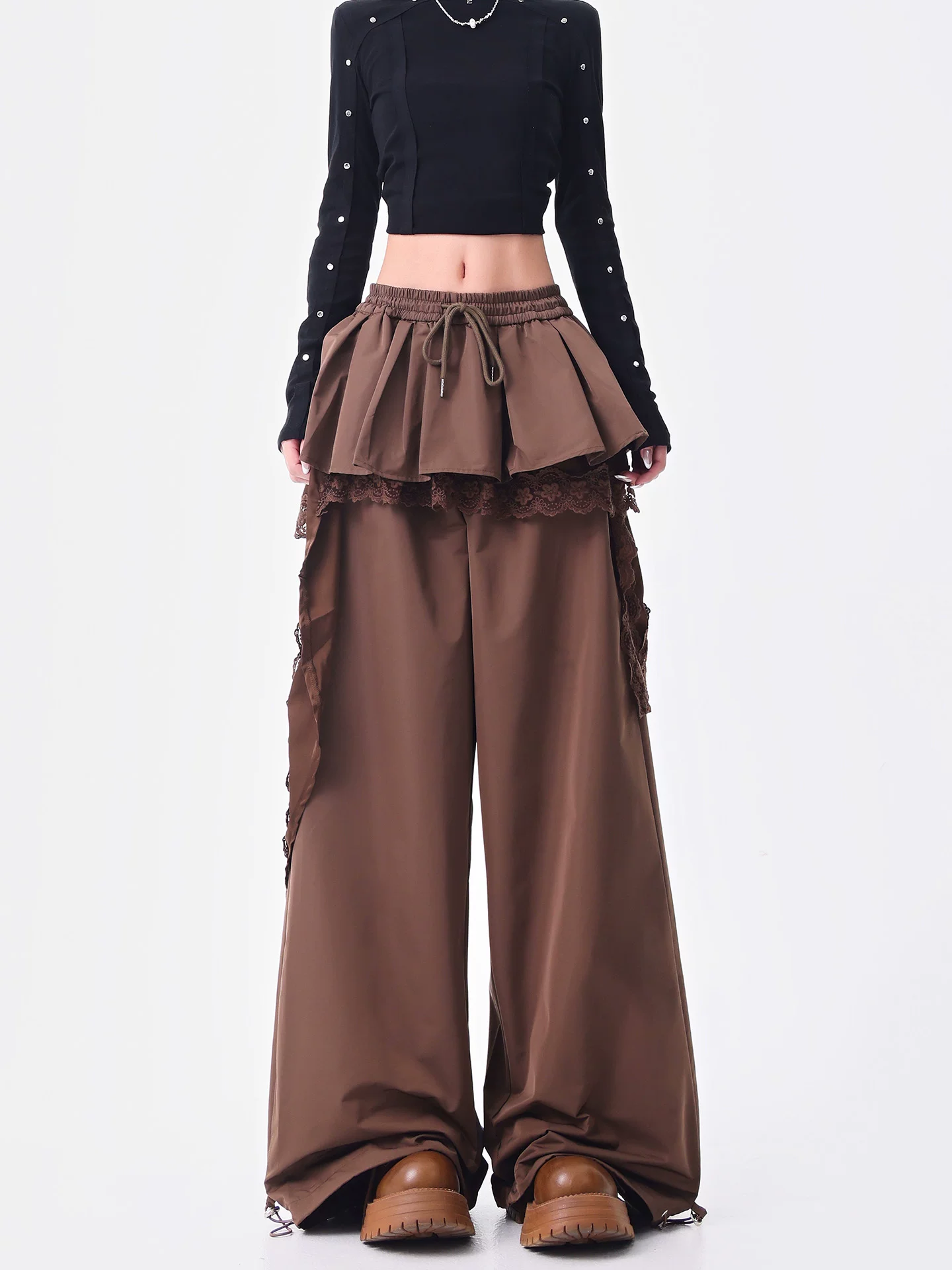 KEN STUDIO quần ống đứng màu cà phê mới đầu thu dành cho nữ, quần ống rộng giả hai mảnh thiết kế viền ren.