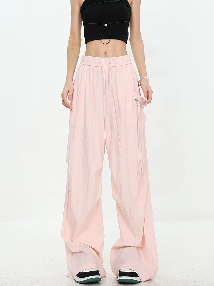 Quần cargo màu hồng thiết kế độc đáo của KEN STUDIO dành cho nữ, quần ống rộng lưng thun mỏng mùa hè.