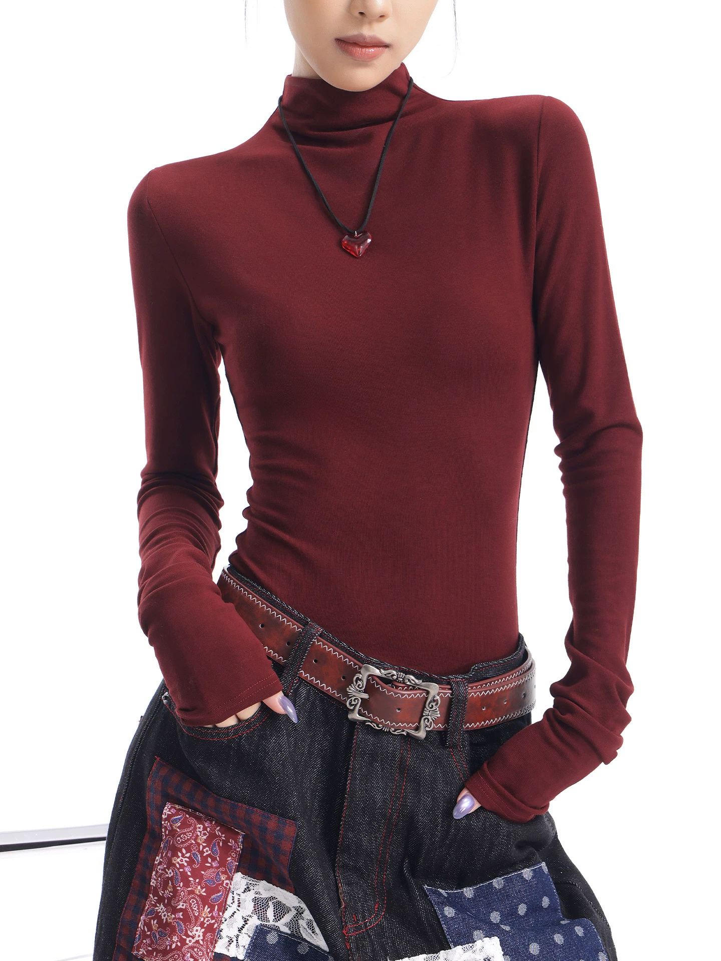 KEN STUDIO Áo thun dài tay dệt kim màu đỏ rượu vang mới thu đông dành cho nữ với cổ lọ nửa cao và kiểu dáng ôm sát bên trong áo sơ mi xếp lớp