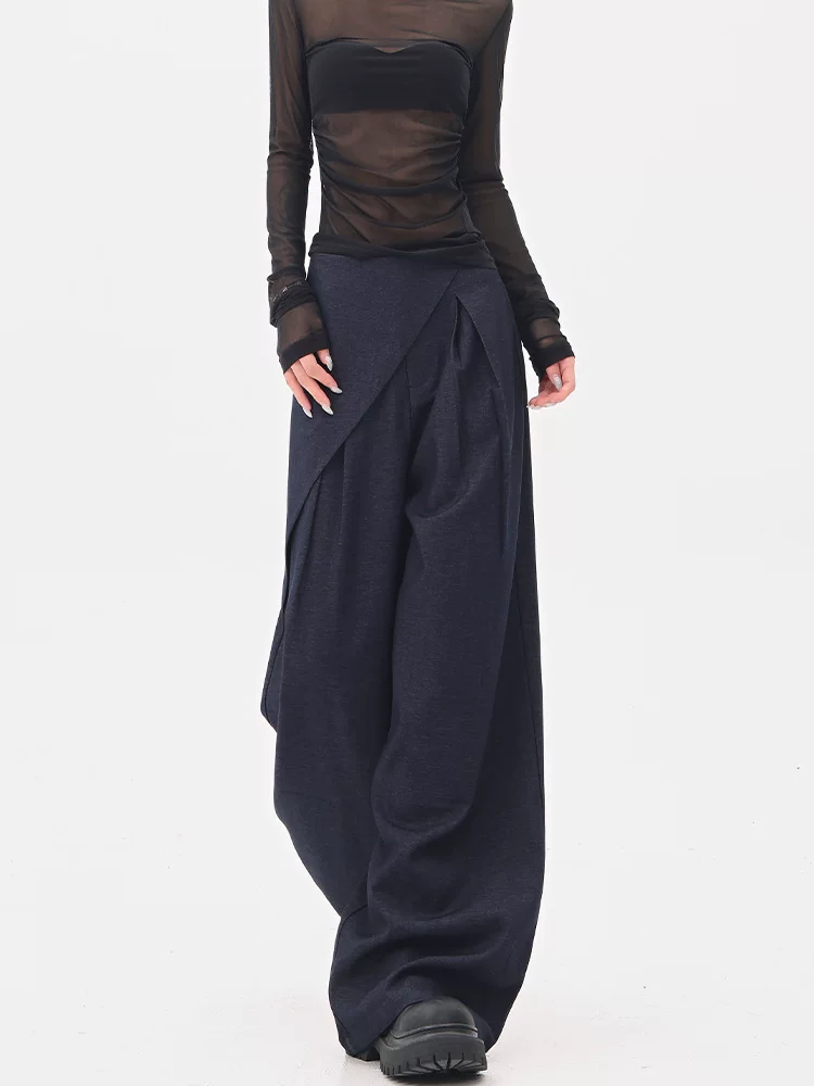 KEN STUDIO quần tây denim màu xanh mới mùa hè dành cho nữ, quần ống rộng giả hai mảnh xếp ly lưng cao.