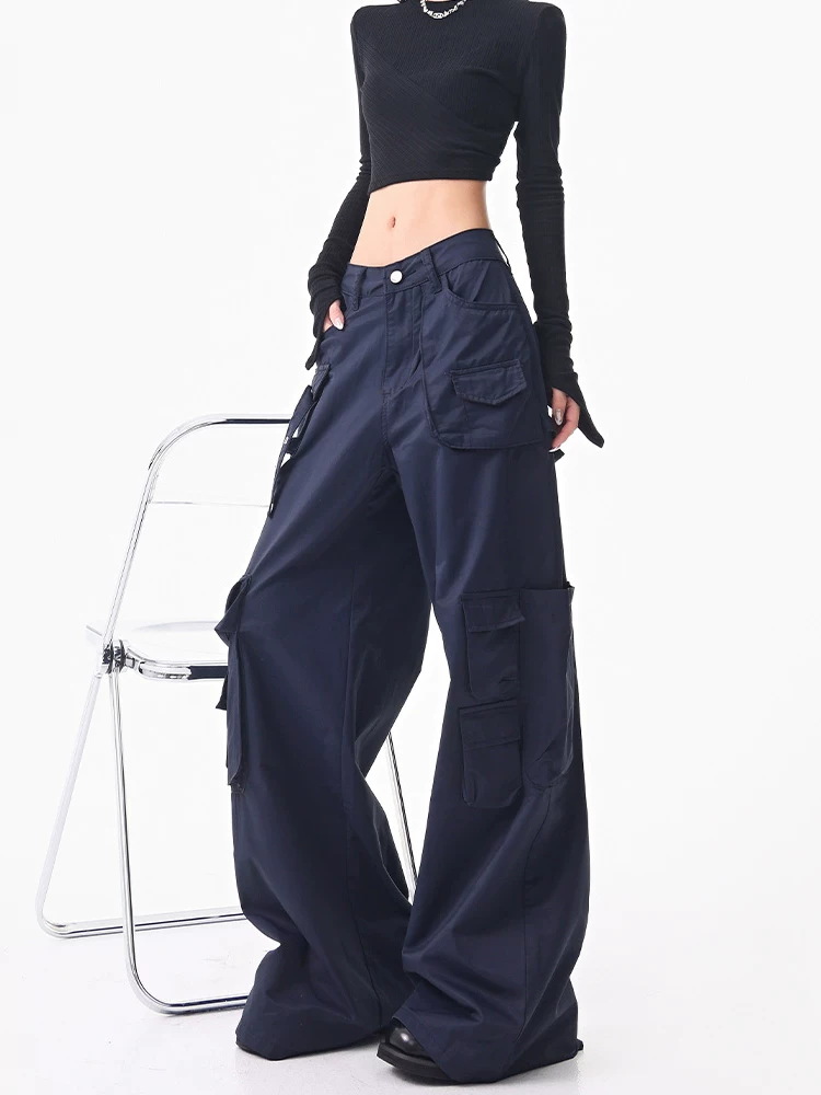 KEN STUDIO Quần cargo kẻ sọc mùa thu mới dành cho nữ, kiểu dáng rộng rãi, tôn dáng, quần ống rộng dài đến sàn