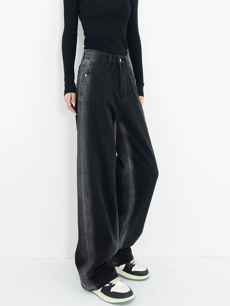 KEN STUDIO Quần jean lót lông cừu phong cách Mỹ mùa thu đông dành cho nữ, quần ống đứng kiểu dáng thời trang, quần thường ngày giúp thon gọn