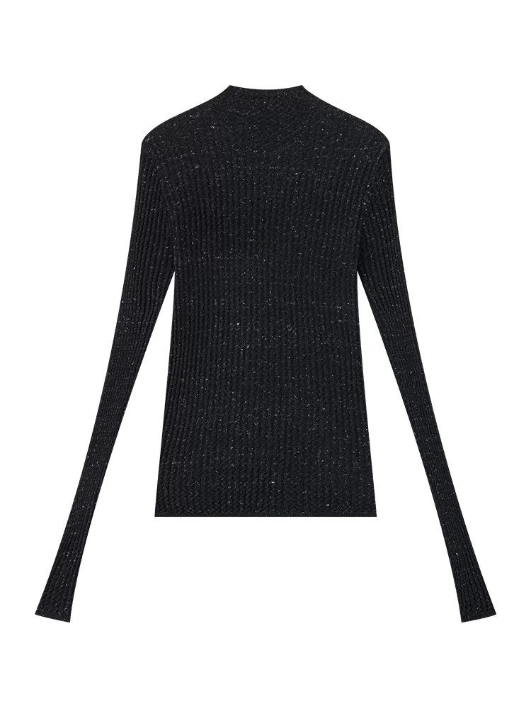 KEN STUDIO Áo dệt kim dài tay màu đen thu đông mới dành cho nữ với thiết kế tôn dáng và cổ áo nửa cao