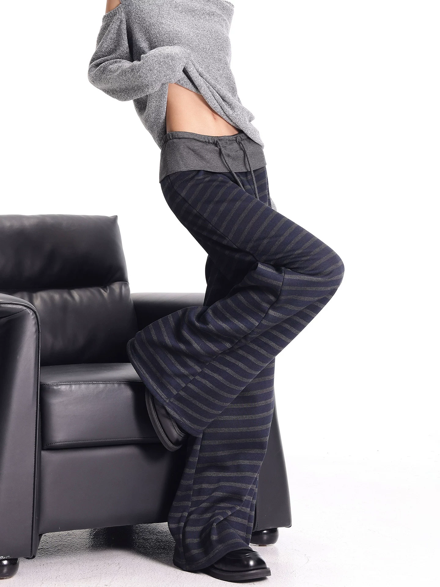 KEN STUDIO quần dài sọc giản dị phong cách thu đông mới có lót lông cừu, quần ống rộng đa năng, dáng dài, ống rộng, dài đến sàn