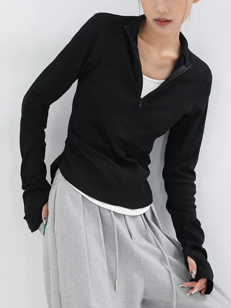 KEN STUDIO áo thun ngắn tay dài màu đen mới mùa xuân thu dành cho nữ với thiết kế giả hai mảnh, áo sơ mi cơ bản giúp giảm béo
