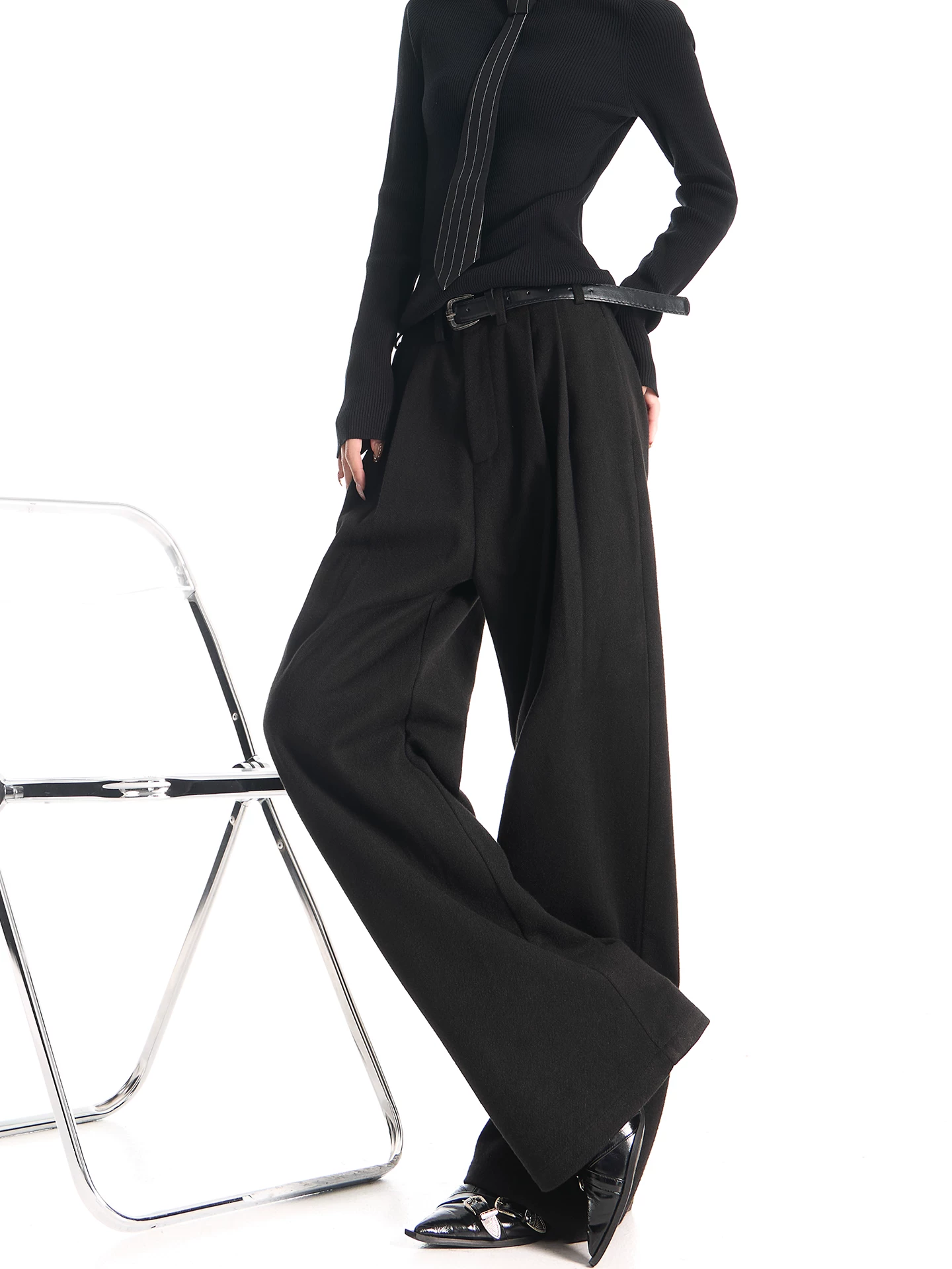 KEN STUDIO Quần tây ống rộng dày màu đen thu đông mới dành cho nữ, quần ống rộng dáng suông, quần ống rộng