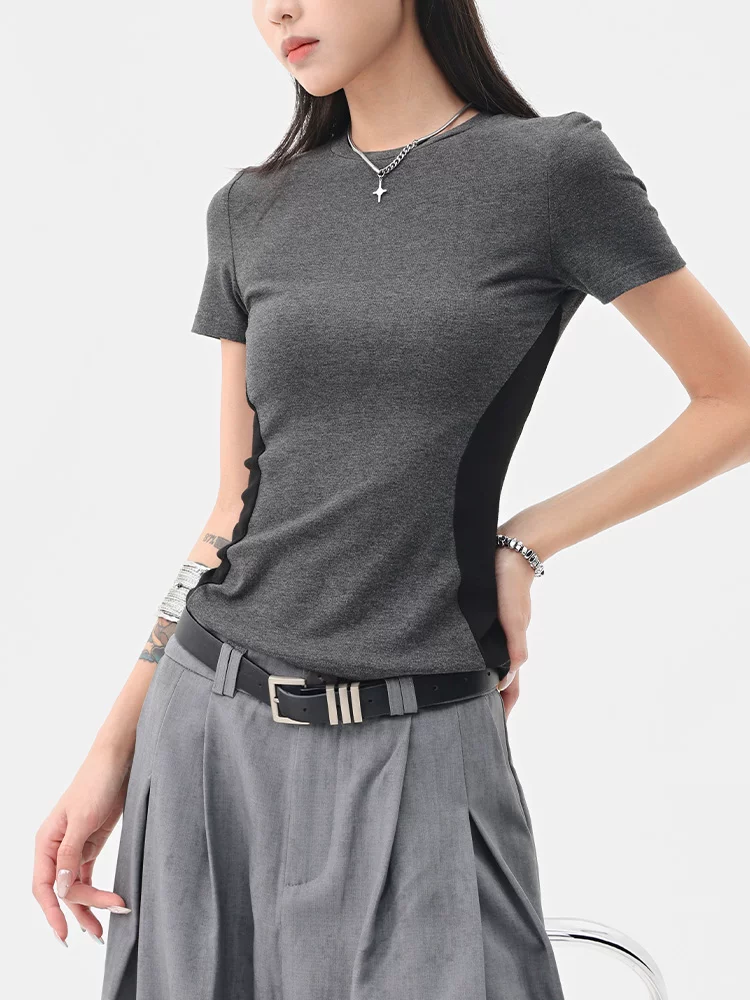 Áo thun ngắn tay cổ tròn màu tương phản cổ điển của KEN STUDIO dành cho nữ mùa hè mới áo thon gọn eo thon gọn